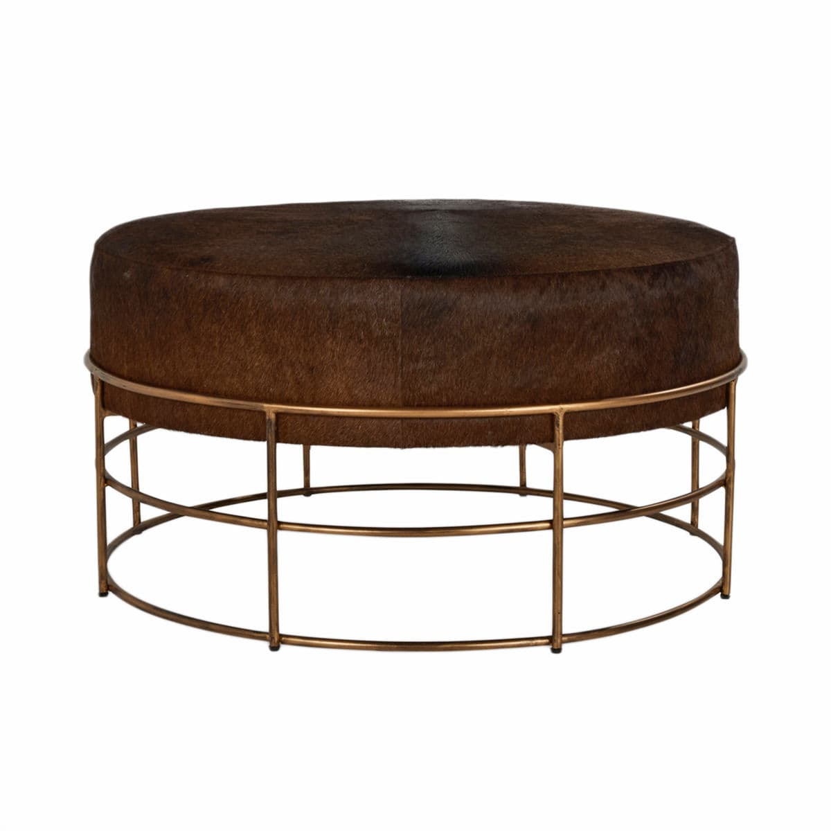 Bronze Iron & Cow Hide Round Ottoman - Thumbnail 5