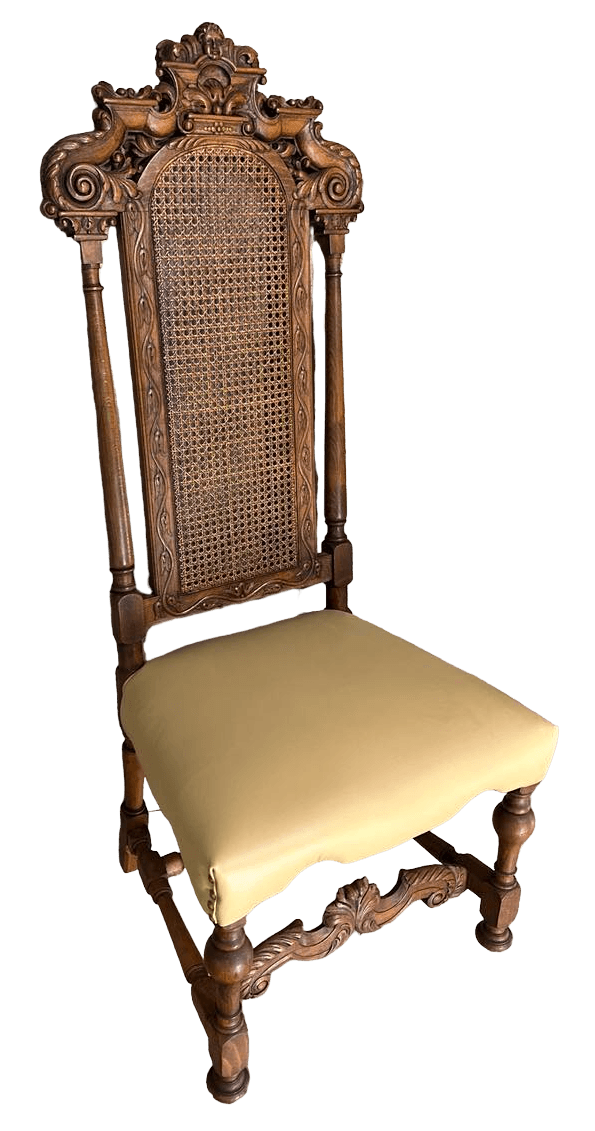 Antique 19th Century Ornately Carved Oak and Caning Renaissance Revival Chairs With New Leather Seat Upholstery - a Pair - Thumbnail 5