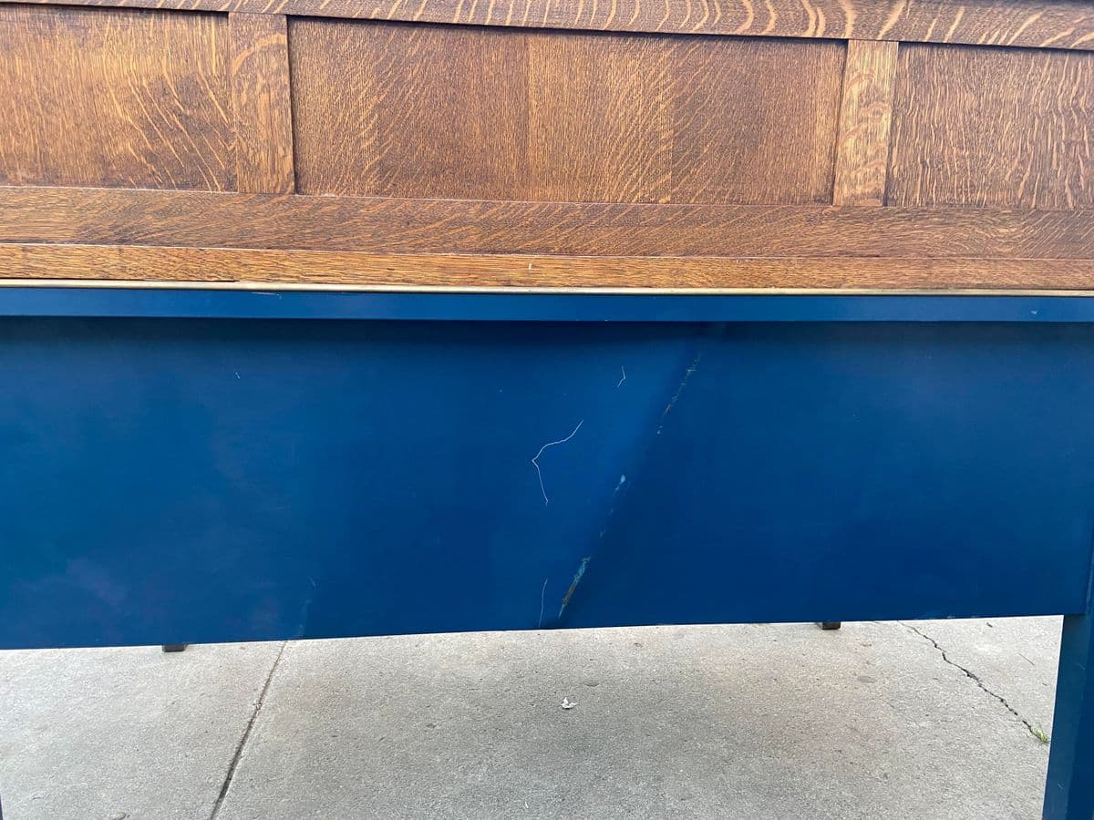 1920s Antique Tiger Oak Roll Top Metal Desk - Thumbnail 4