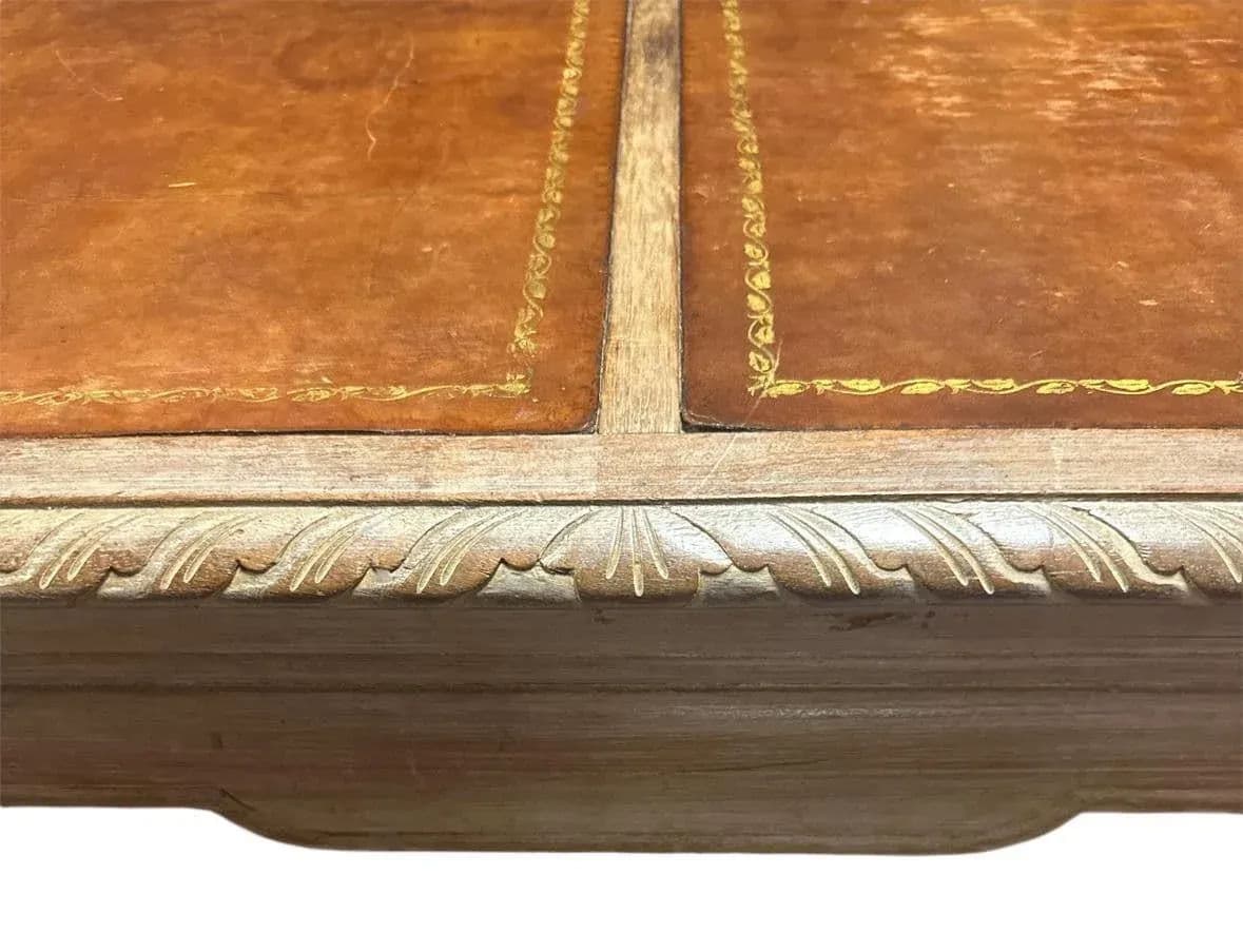 Baker Furniture Company Tooled Leather and Cerused Oak Cocktail Table - Rare Find From the 1940s - Thumbnail 5