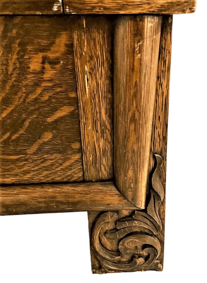 Antique William Morris Style English Arts & Crafts Movement Oak Carved High Back Monk's Bench - Thumbnail 5