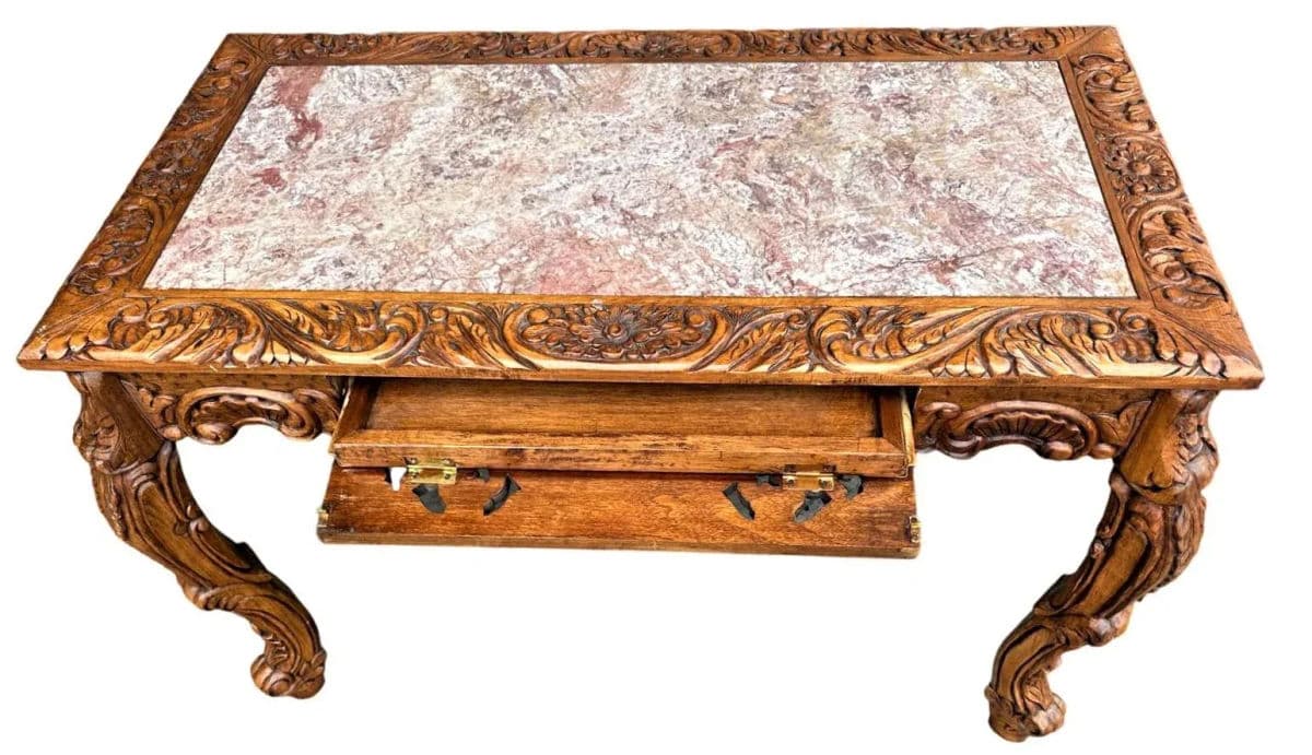 Spanish Baroque Style Heavily Carved Desk and Chair Set With Marble Inserts - Circa 1990 - Thumbnail 5