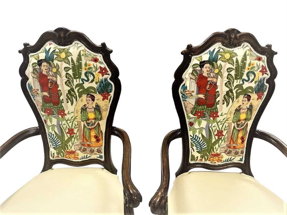 Pair of Vintage Karges Fauteuils With New Leather and 'Frida's Garden' Chintz Upholstery - Thumbnail 5