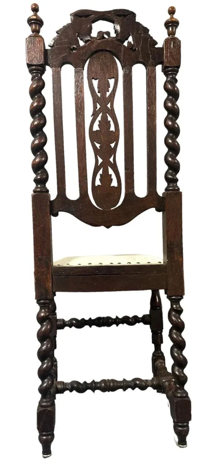 19th Century French Antique Carved Oak Dining Chairs With New Seat Upholstery - Set of 6 - Thumbnail 5