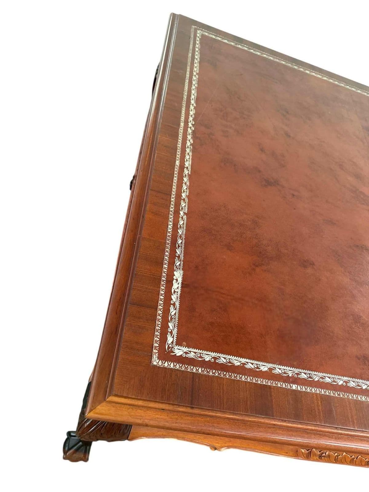 Solid Mahogany and Inlaid Leather Georgian 8' Conference Table - Vintage Circa 1970s - Thumbnail 5