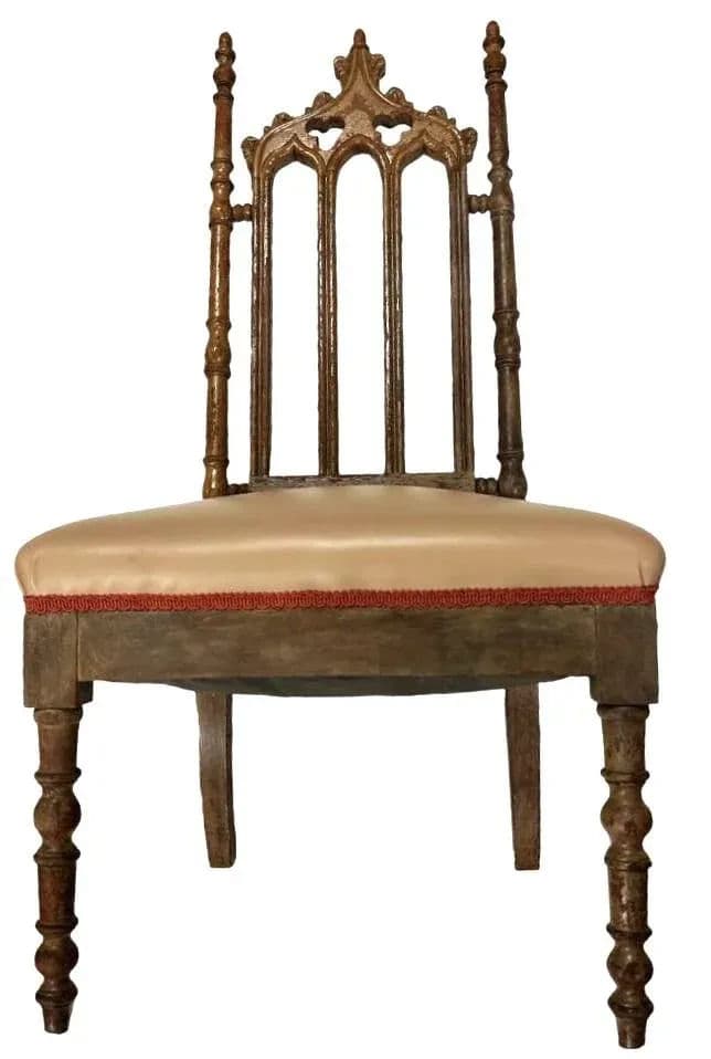 Antique Walnut English Cathedral Spire Chair With New Goatskin Upholstery - Thumbnail 5