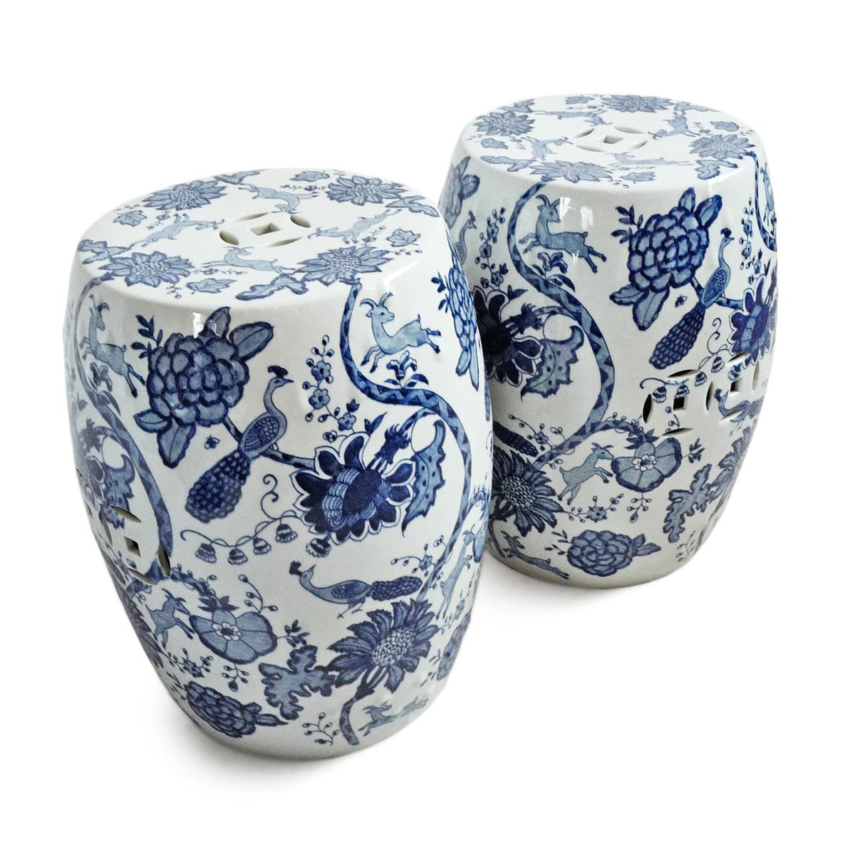 Indigo Blue Floral Bird Ceramic Stool - Thumbnail 5