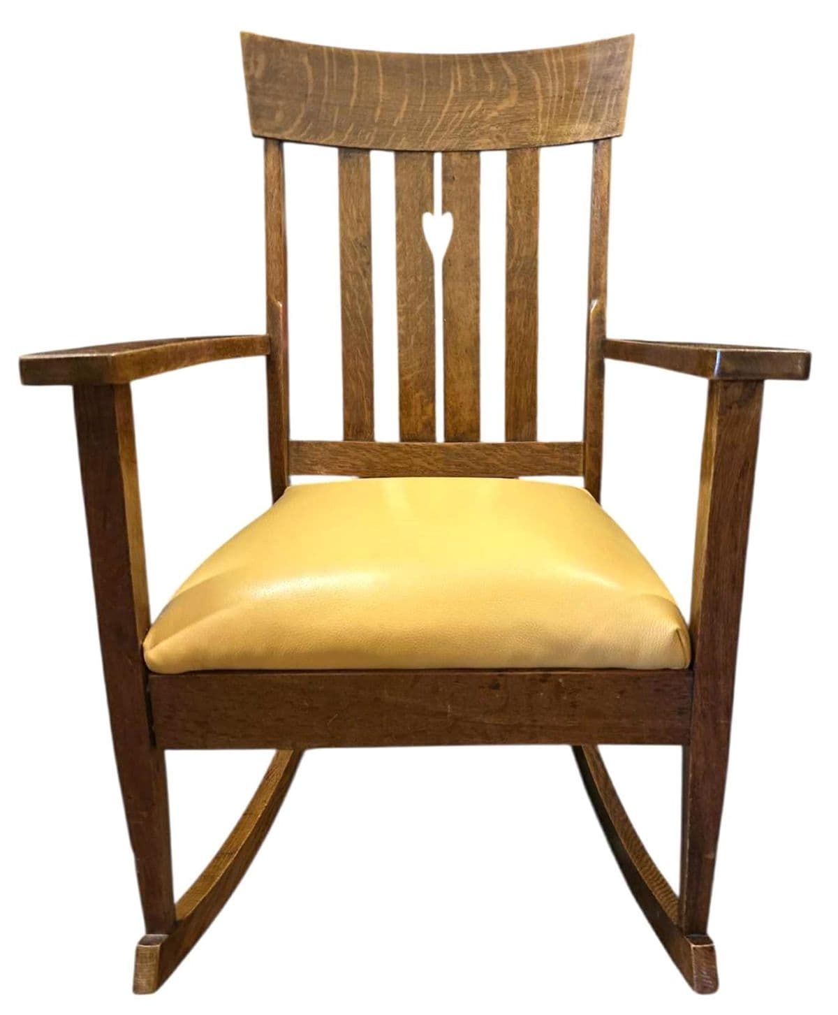 Antique Arts and Crafts Quarter Sawn Oak Rocking Chair With Heart Cutout and New Mustard Leather Seat - Circa 1905 - Thumbnail 5