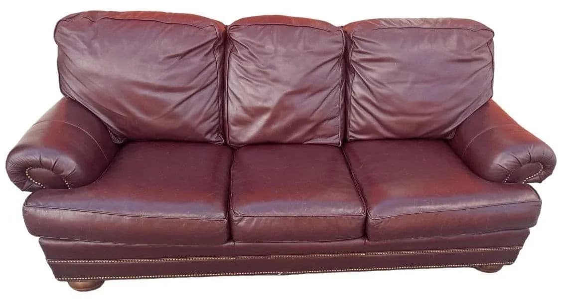 Thomasville Burgundy Leather 92” Sofa With Nail Head Trim - Thumbnail 5