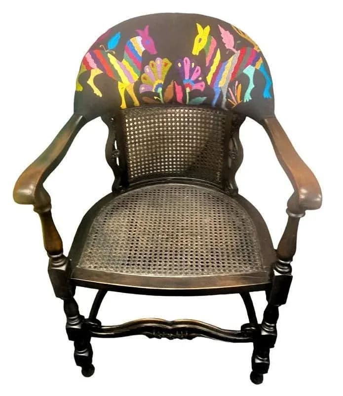 Set of 2 Ornate Spanish Revival Fauteuils With New Otomi Embroidery and Leather Upholstery - Early 20th Century Antiques - Thumbnail 5