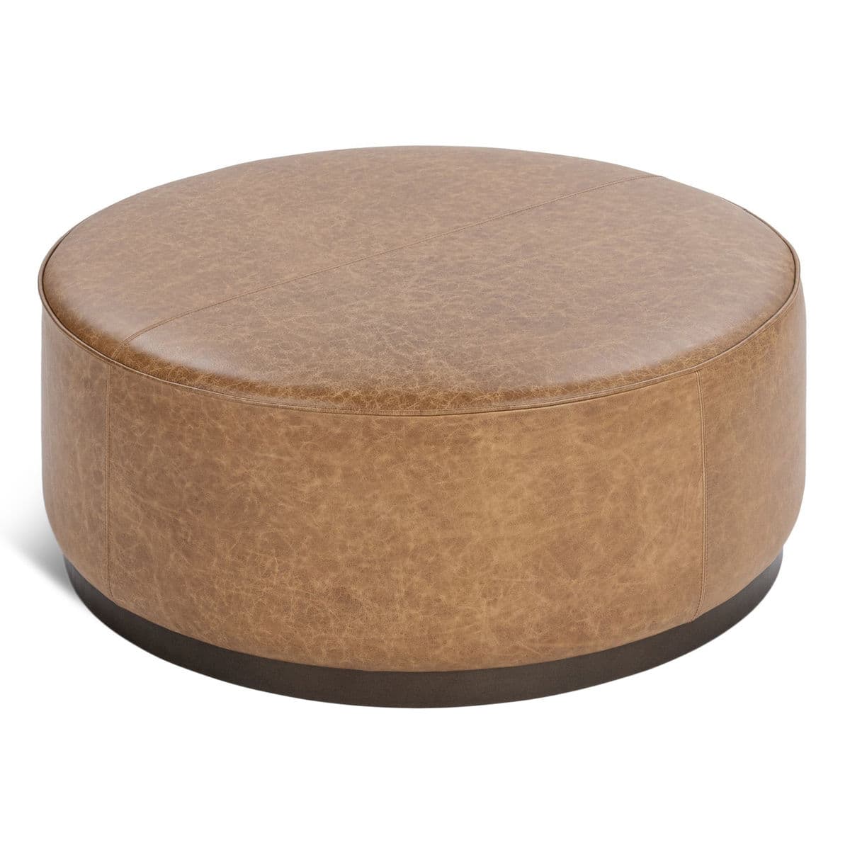 Aged Caramel Leather Round Ottoman - Thumbnail 5