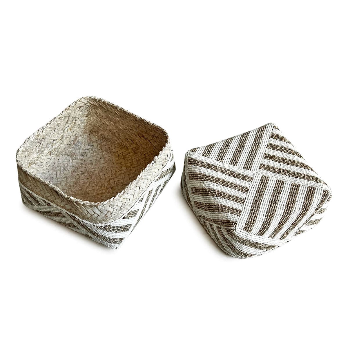 Bamboo Beaded Box Tan & White Medium - Thumbnail 5