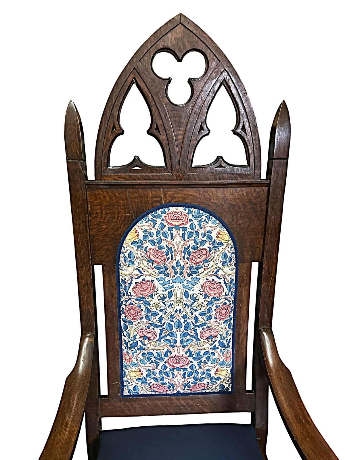 19th Century English Oak Bishop’s Throne Reupholstered With Leather and William Morris ‘Rose’ Linen - Thumbnail 5