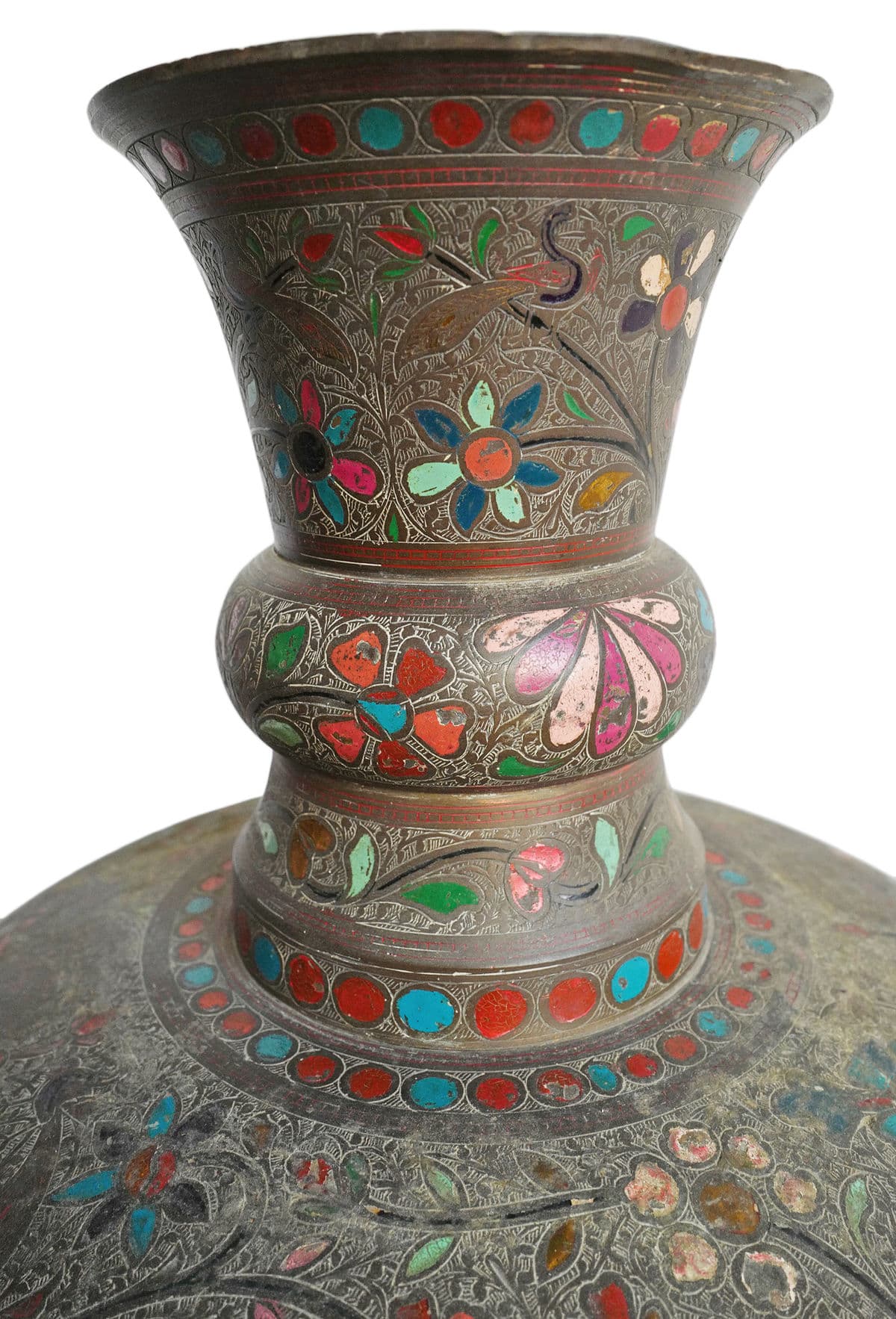 Antique Rajasthan Bronze Engraved Enamel Work Vase - Thumbnail 5