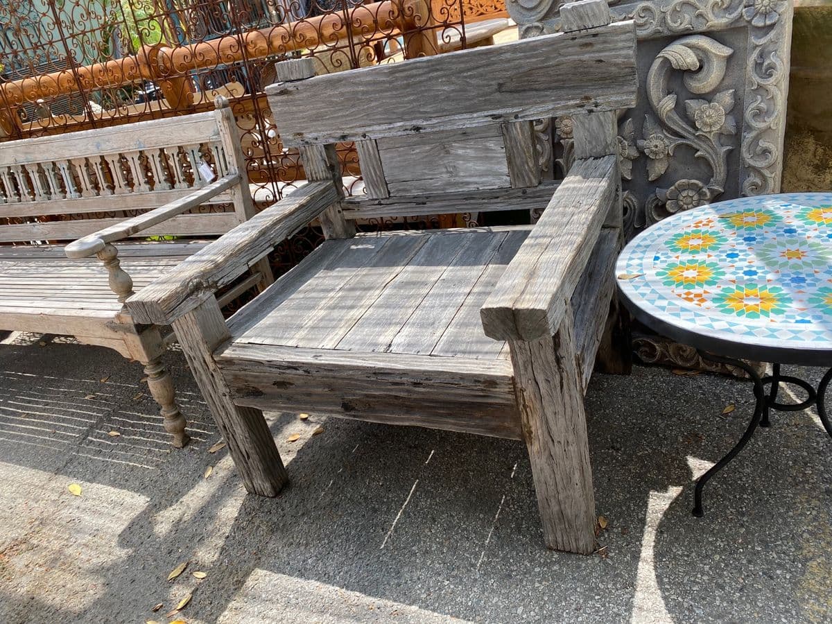 Outdoor Grey Teak Railway Wood Chair - Thumbnail 5