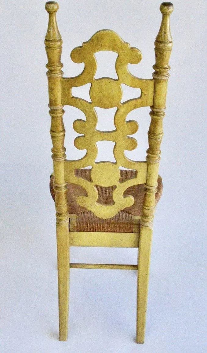 Thomasville Mid-Century Vintage Spanish Revival Oak Dining Chairs With Rush Seats and Distressed Yellow Paint - Set of 4 - Thumbnail 5