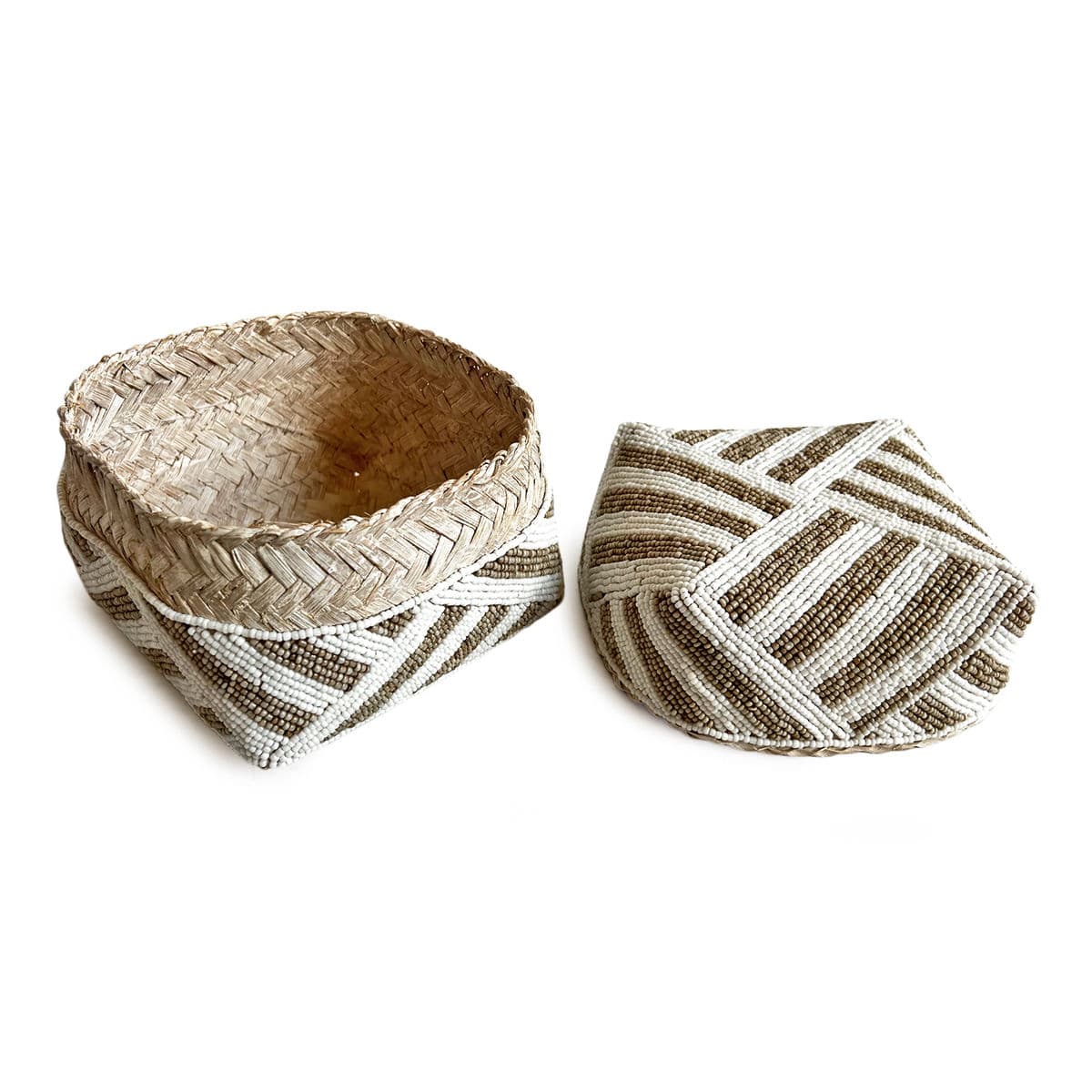 Bamboo Beaded Box Tan & White Small - Thumbnail 5