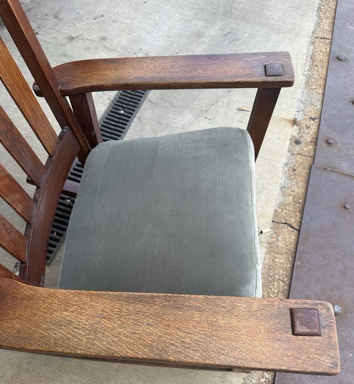 Antique Stickley Brothers Grand Rapids Mission Oak Rocking Chair With New Mohair Upholstery - Circa 1900 - Thumbnail 6