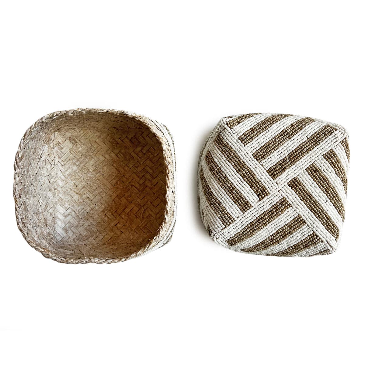 Bamboo Beaded Box Tan & White Small - Thumbnail 6