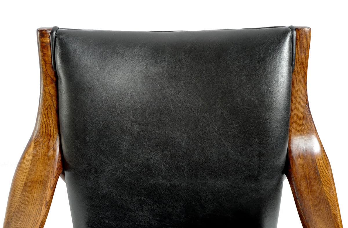 Deco Black Leather & Wood Chair - Thumbnail 6
