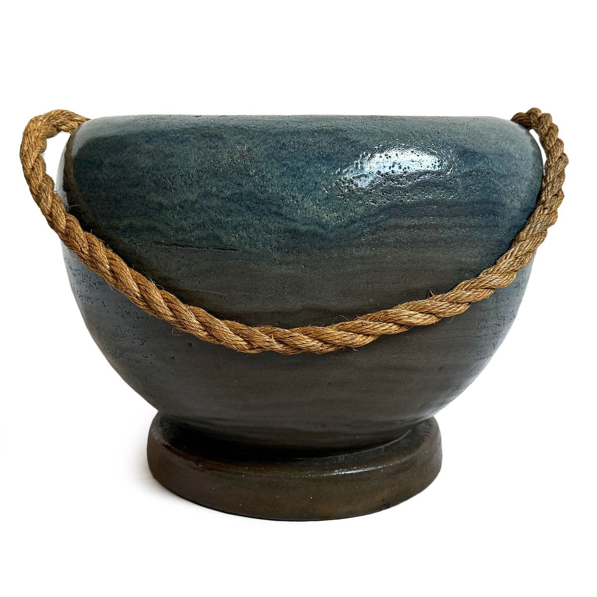 Vintage Teal Blue Ceramic Rope Pot - Thumbnail 6