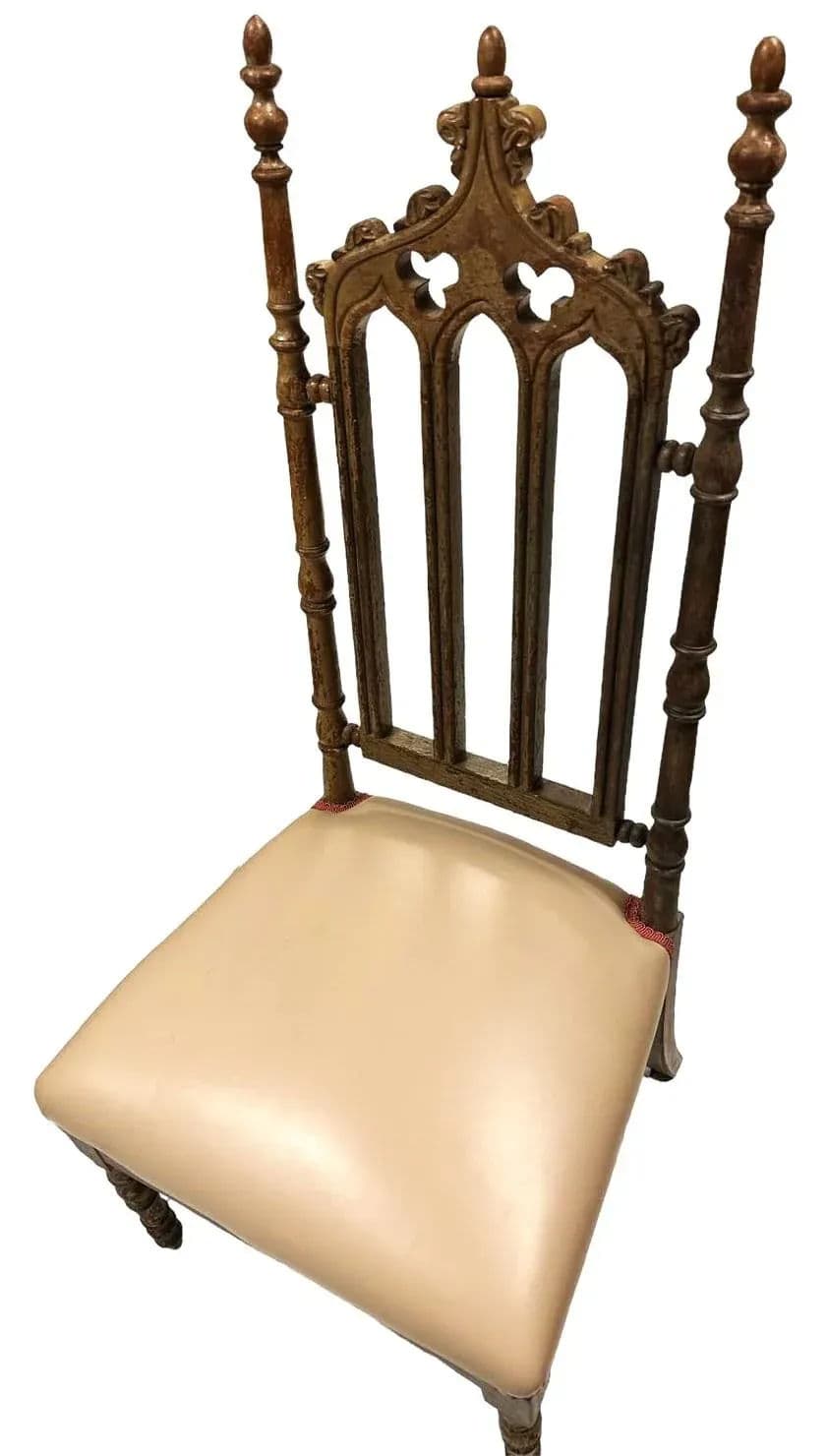 Antique Walnut English Cathedral Spire Chair With New Goatskin Upholstery - Thumbnail 6