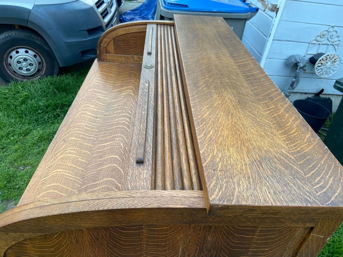 1920s Antique Tiger Oak Roll Top Metal Desk - Thumbnail 5