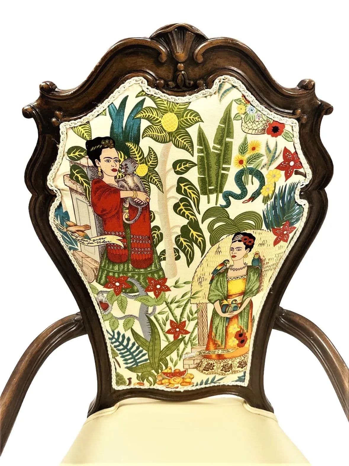 Pair of Vintage Karges Fauteuils With New Leather and 'Frida's Garden' Chintz Upholstery - Thumbnail 6