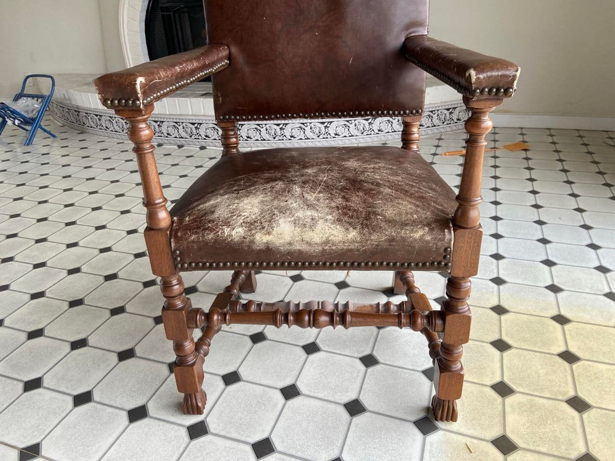 Antique High Back Carved Wood Leather Chair - Thumbnail 5