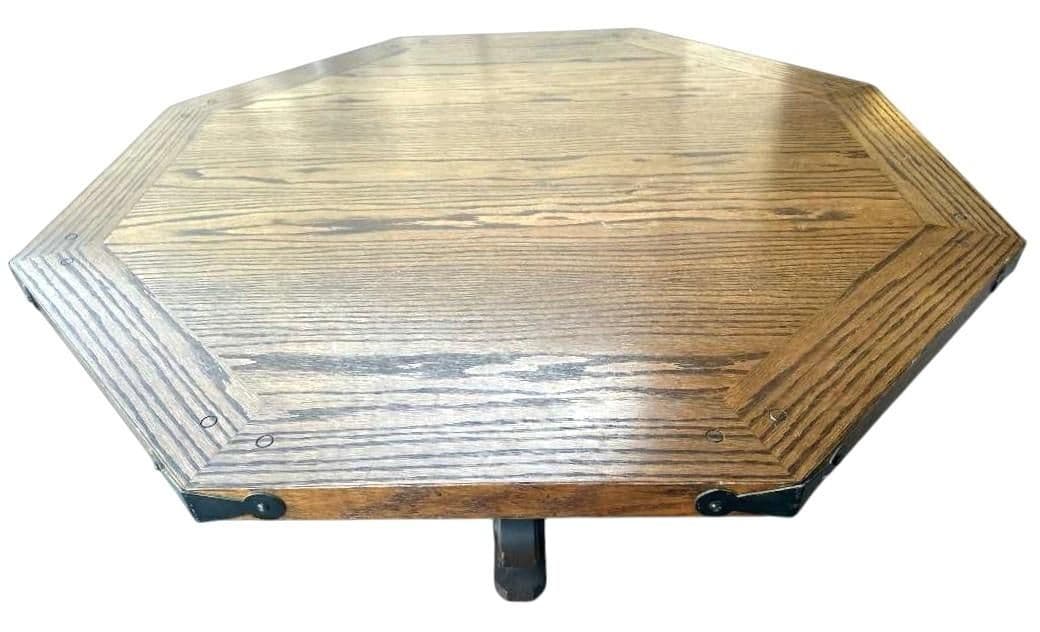 Solid Oak Spanish Colonial Revival Octagonal Game Table and Four Chairs on Brass Casters - Vintage Late 20th Century - Thumbnail 6