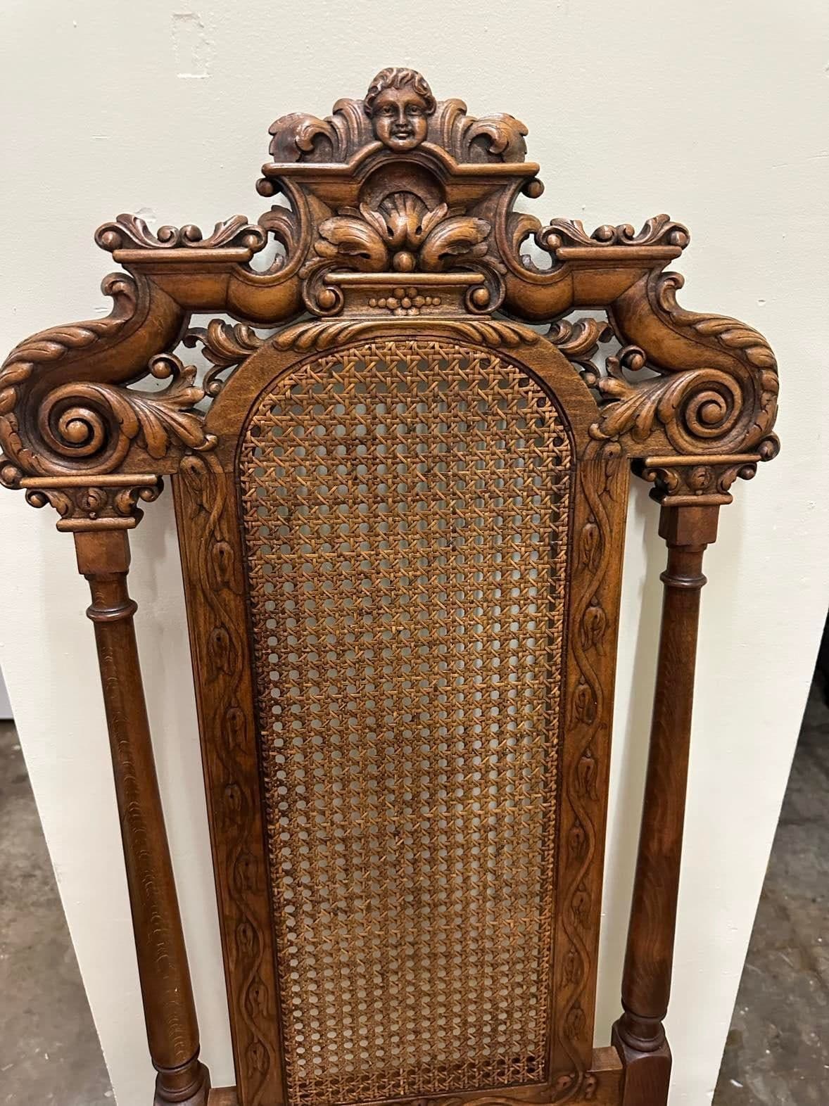 Antique 19th Century Ornately Carved Oak and Caning Renaissance Revival Chairs With New Leather Seat Upholstery - a Pair - Thumbnail 6