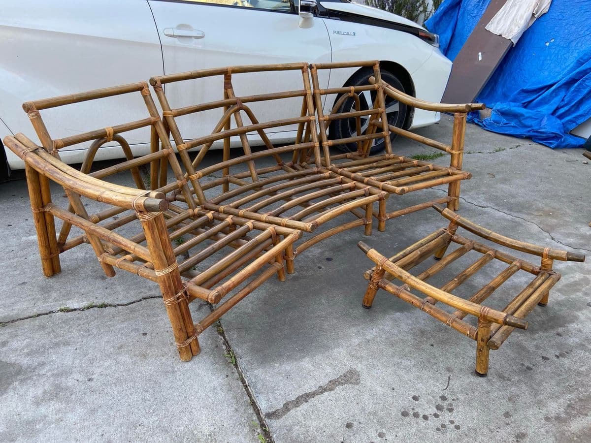 1970s Vintage Mid Century Modern Bamboo Rattan Sofa & Ottoman Frames - Thumbnail 5