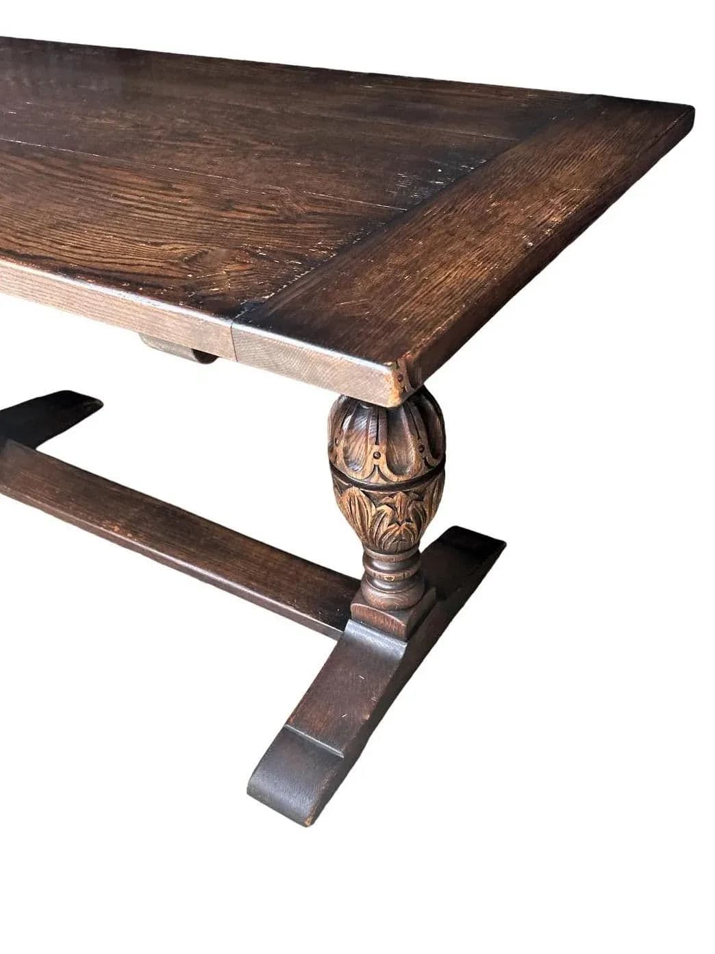 Antique Jacobean or Spanish Revival Dark Oak Trestle Library Table or Dining Table by Kensington Furniture Company - Thumbnail 6