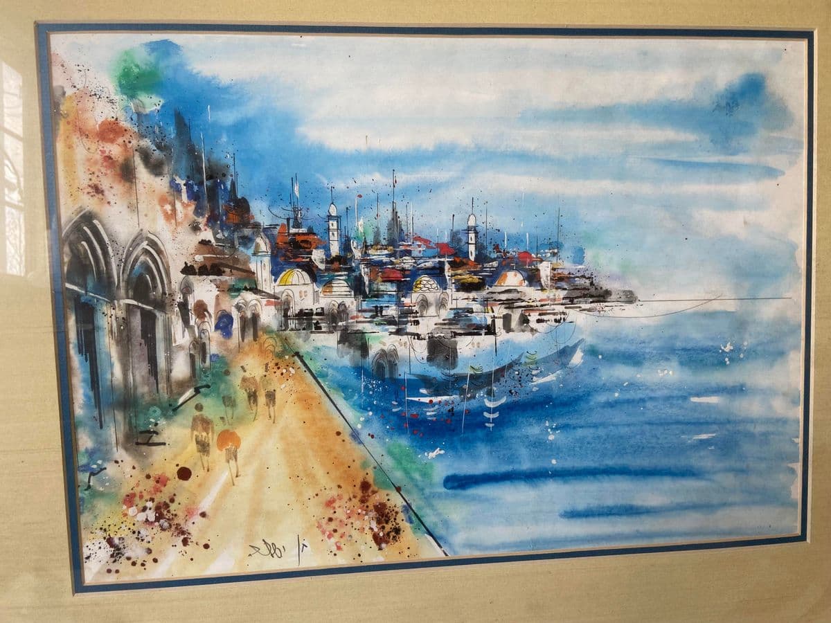 Vintage City and Seaside Watercolor Framed Original Signed Painting - Thumbnail 5
