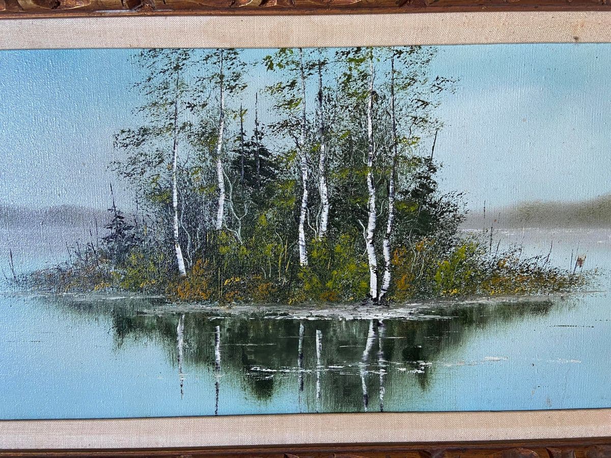 1960s Lake Scene with Trees Original Oil Painting on Canvas Signed Carter, Framed - Thumbnail 5
