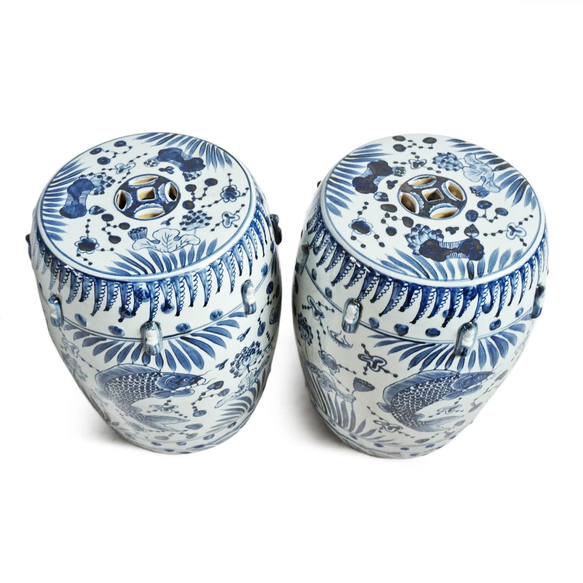 Indigo Blue Fish Floral Ceramic Stool - Thumbnail 6