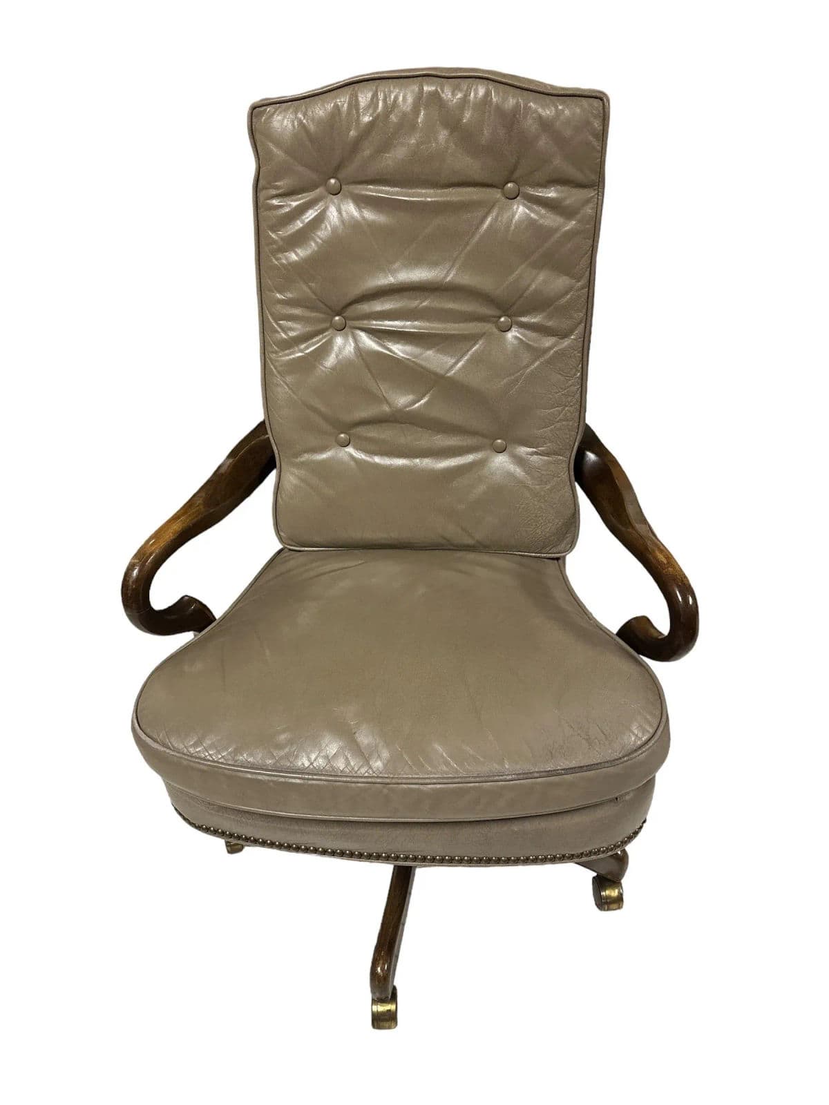 Button Tufted Leather Vintage Executive Swivel Chair With Nail Head Trim - Thumbnail 6