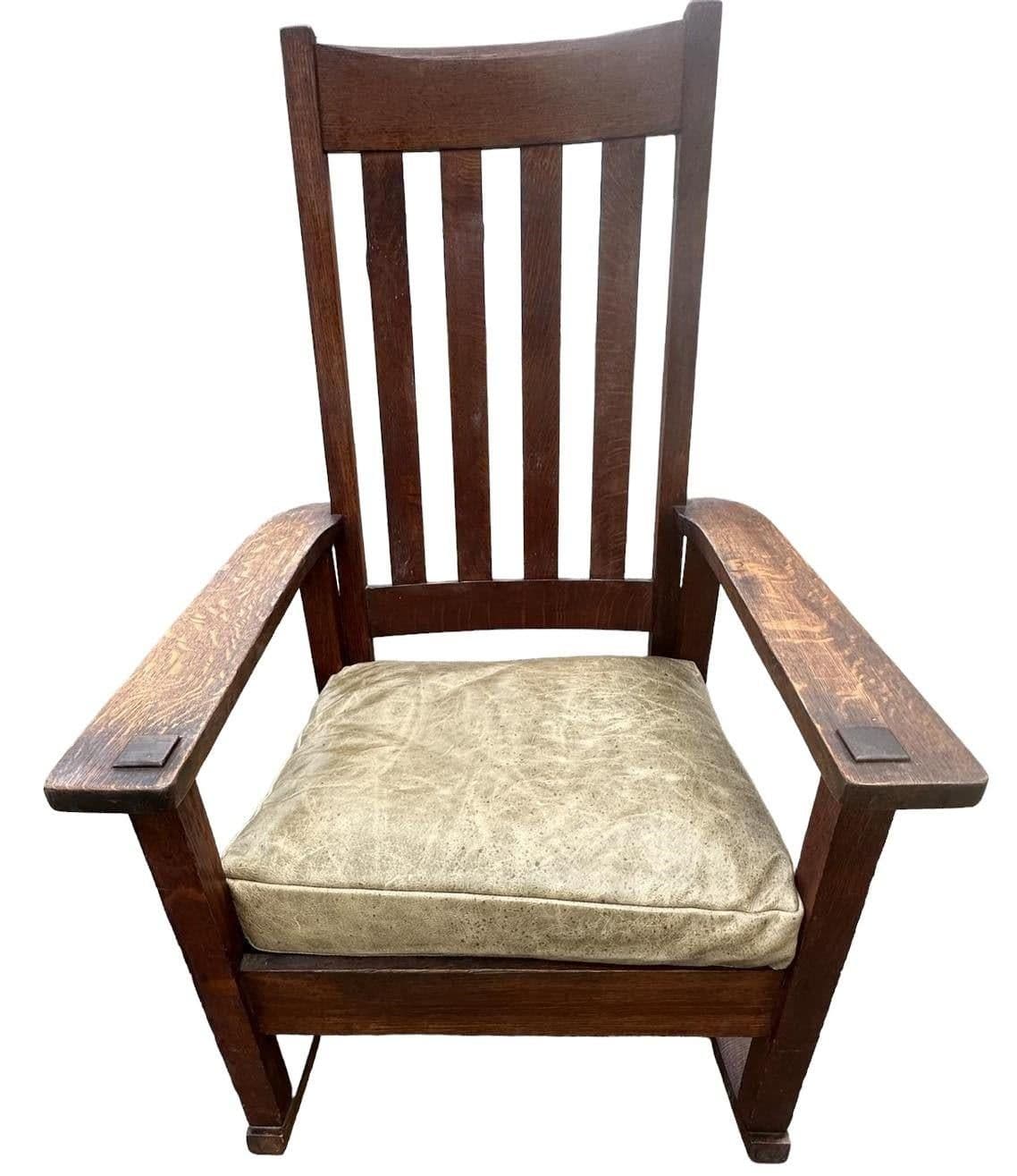 Antique Stickley Brothers Grand Rapids Mission Oak Rocking Chair With New Leather Upholstery - Circa 1900 - Thumbnail 6