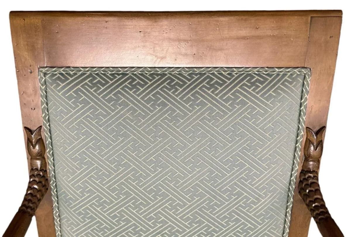 Baker Furniture Empire Style Carved Walnut Chair With Celadon Greek Key and Velvet Upholstery - Circa 1940s - Thumbnail 6