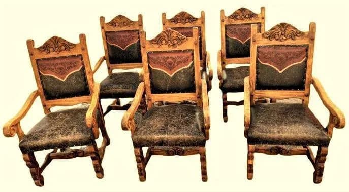 Custom Made Mexican Hacienda Chairs in Tooled Leather and Carved Wood - Set of 6 - Thumbnail 7