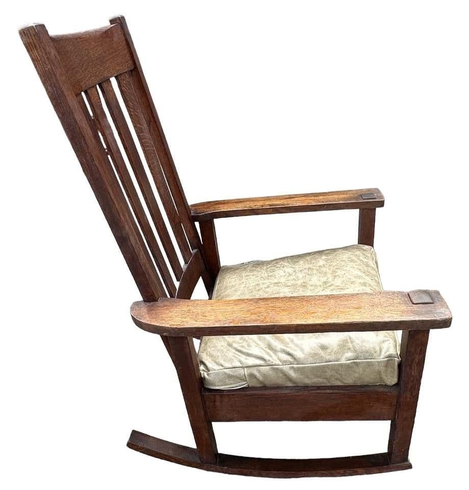 Antique Stickley Brothers Grand Rapids Mission Oak Rocking Chair With New Leather Upholstery - Circa 1900 - Thumbnail 7