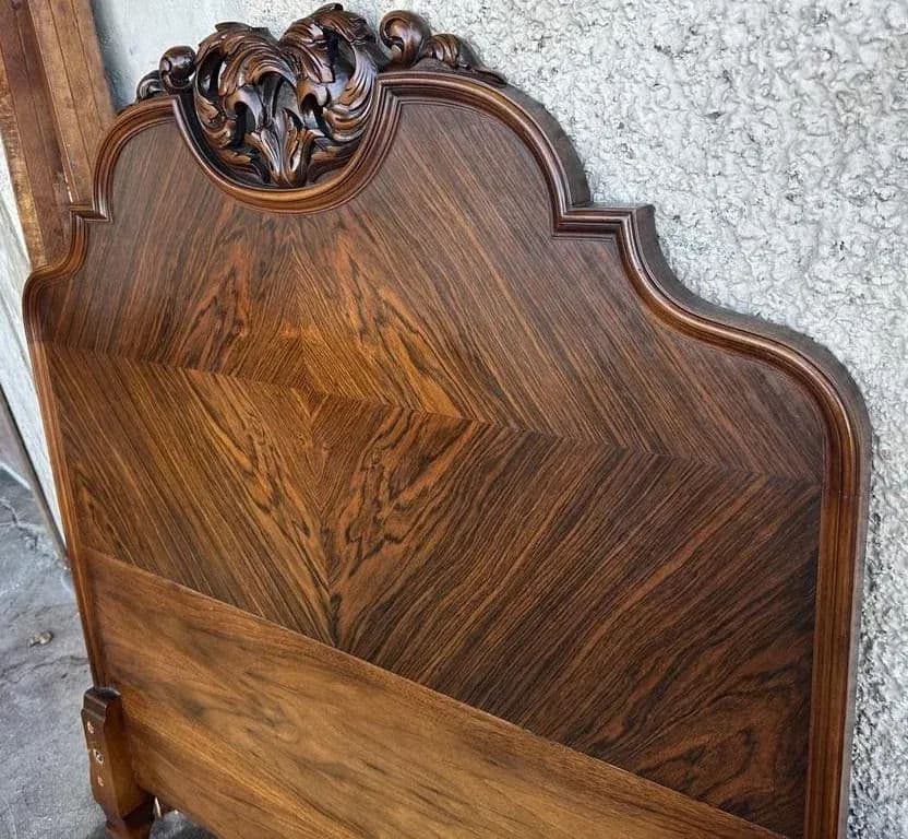 Antique Rococo Heavily Carved Burlwood and Walnut Bed Attributed to Kindel Grand Rapids - Twin Size - Circa 1910 - Thumbnail 7