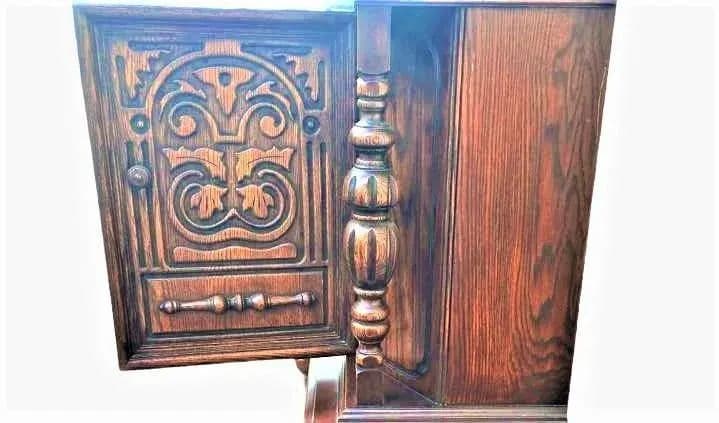 Antique Spanish Revival Solid Oak Liquor Cabinet or Linen Press - Early 20th Century - Thumbnail 7