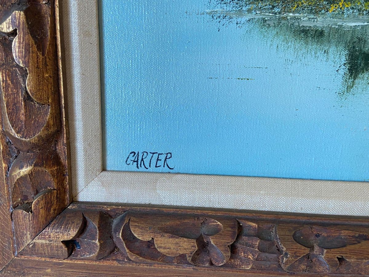 1960s Lake Scene with Trees Original Oil Painting on Canvas Signed Carter, Framed - Thumbnail 6
