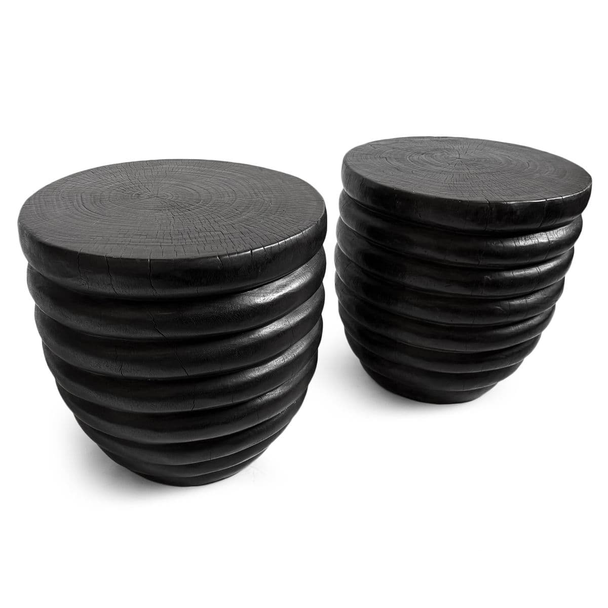 Black Ribbed Solid Wood Stool Side Table - Thumbnail 7