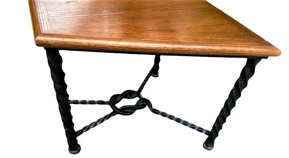 Mid 20th Century Trapezoid Oak and Wrought Iron Side Table - Thumbnail 7