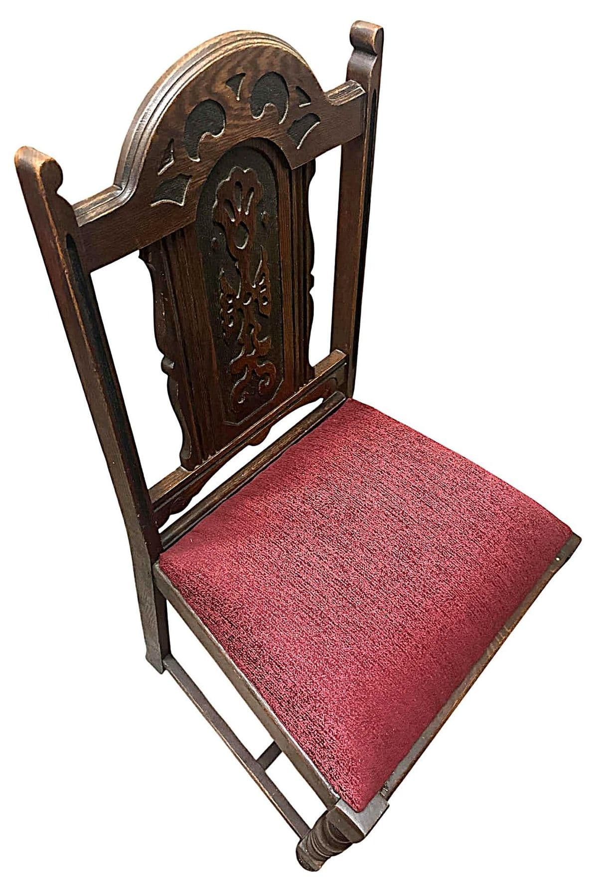 Antique 1920s Spanish Revival Oak Dining Chairs With New Burgundy Seat Upholstery - Set of 6 - Thumbnail 7