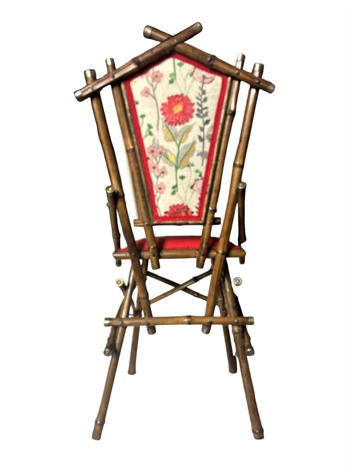 Antique Anglo-Indian Bamboo Campaign Chair With New Leather and Embroidered Upholstery - Late 19th Century - Thumbnail 7