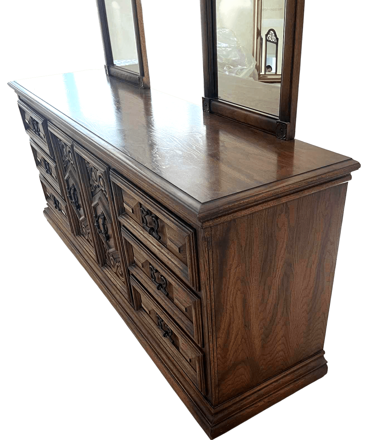 Spanish Revival Vintage Carved Solid Oak Triple Dresser With Mirrors Crafted in North Carolina by United Furniture - Thumbnail 7