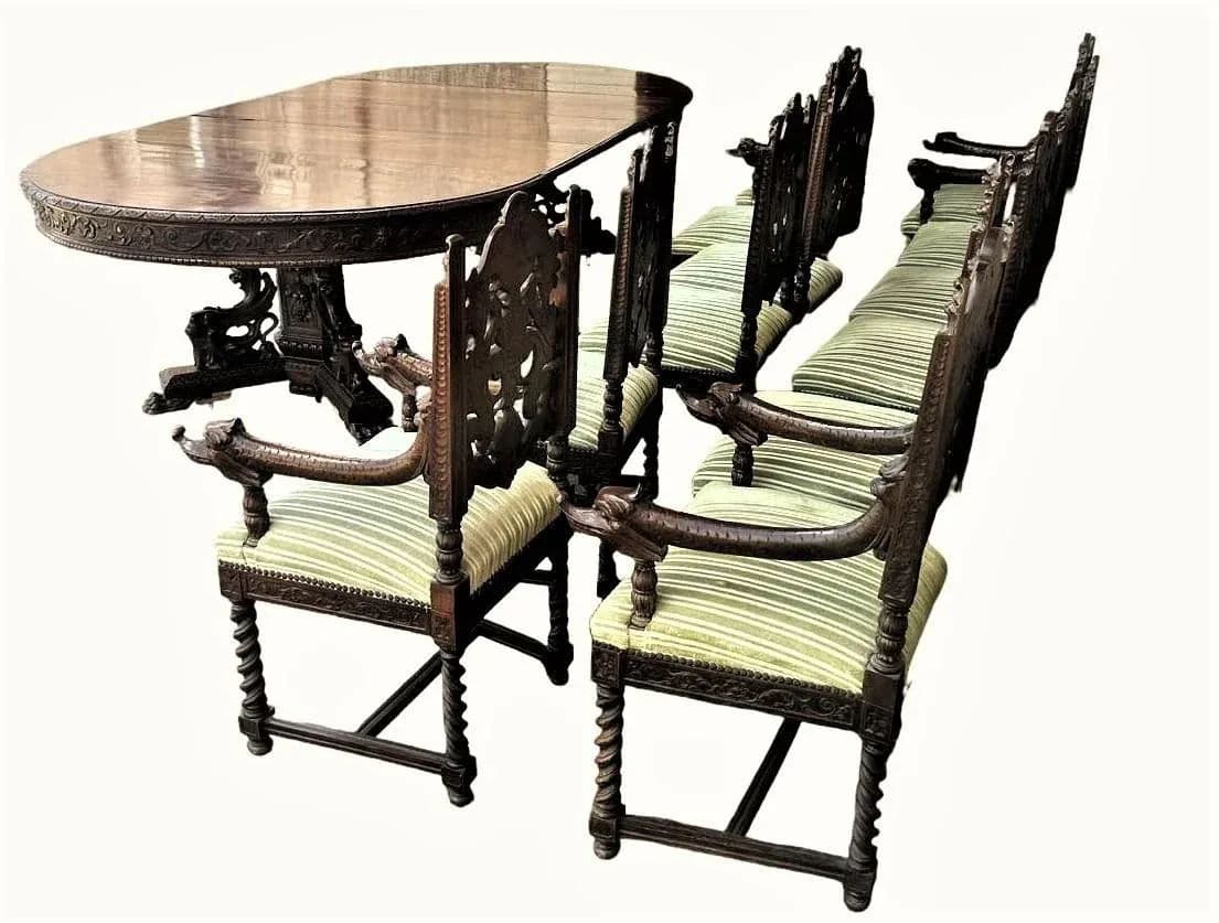 Monumental 10' X 5.5' Renaissance Revival French Walnut Banquet Table With 12 Chairs - Antique Circa Mid 19th Century - Thumbnail 7